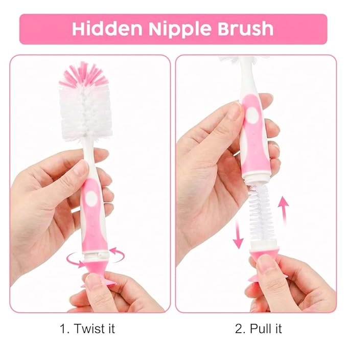 4-in-1 Baby Bottle Brush Set, Including Nylon Bottle Brush, Cap, Straw, Nipple Brushes, BPA-Free (Pink)