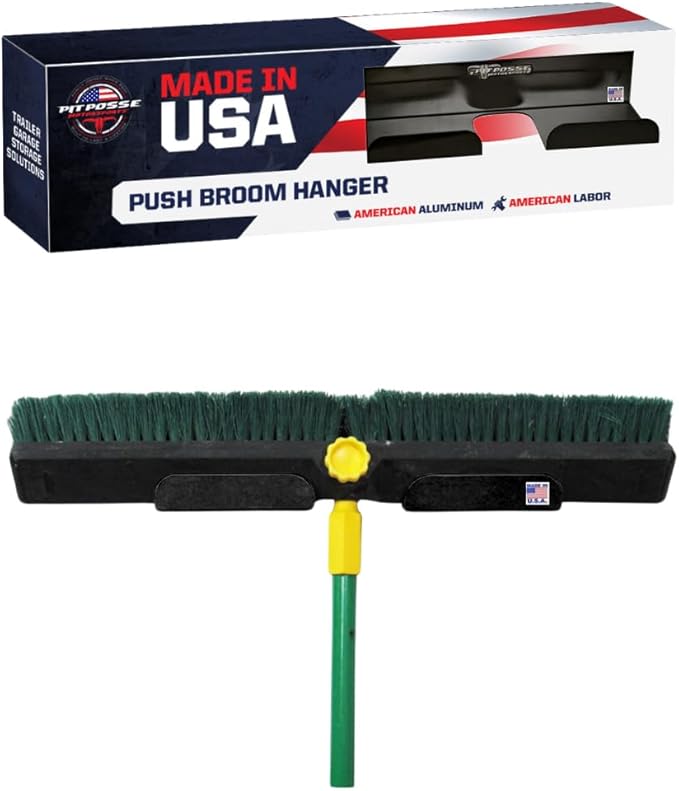 Pit Posse 607BK Push Broom Hanger Rack Holder Garage Storage Organizer-Made in USA- Enclosed Cargo Race Car Trailer Automotive Shop Accessory Aluminum (Black)- Toy Hauler, 5th Wheel, Snowmobile