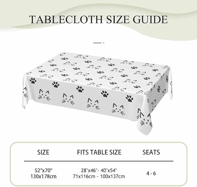 Cat Faces and Paws Rectangular Tablecloth Cartoon Cute Footprint 52x70 Table Cloth for Wedding Party Banquet,Dining Kitchen Table Cover