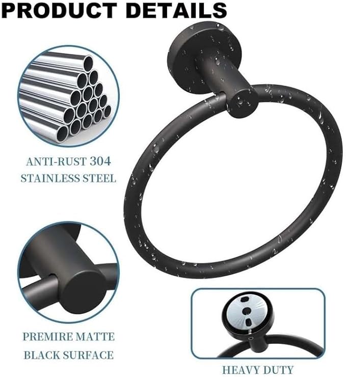 Towel Ring Set 3 Pieces Bathroom Kit Accessories Restroom Towel Holder Toilet Paper Holder and Hook Set Stainless Steel Bathroom Hardware (Matte Black)