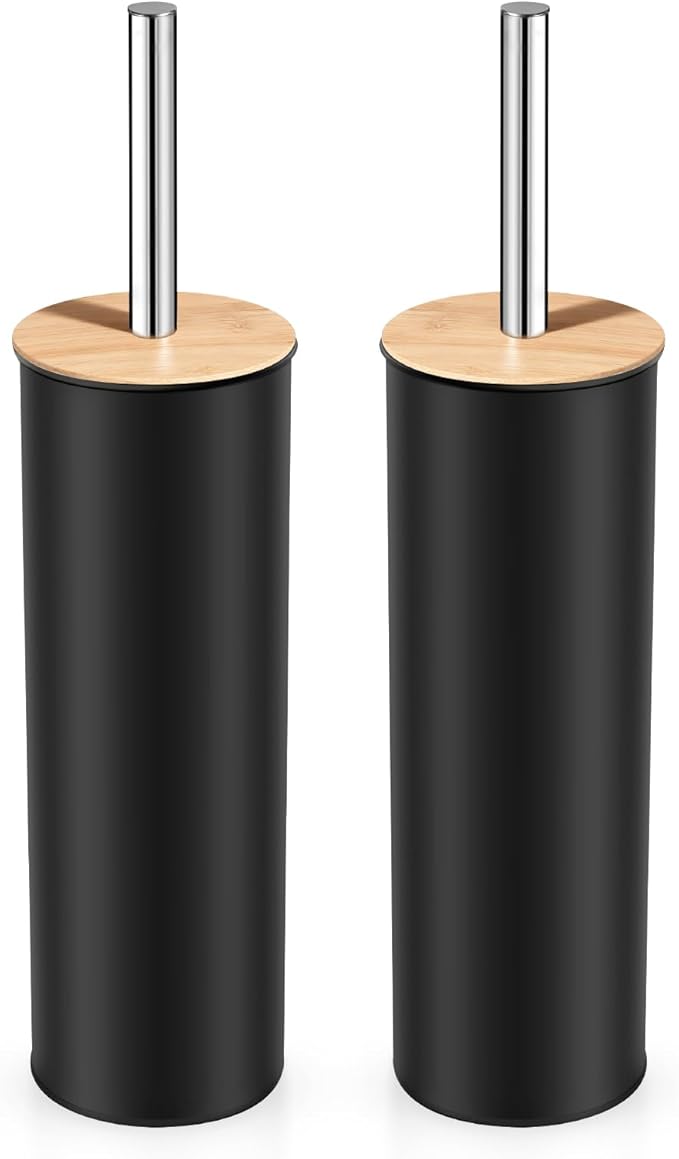 Compact Toilet Brush and Holder 2 Pack,SetStainless Steel Handle Toilet Brush,Deep Cleaning,Durable Nylon bristles,Splash-Proof Design(White&Black)