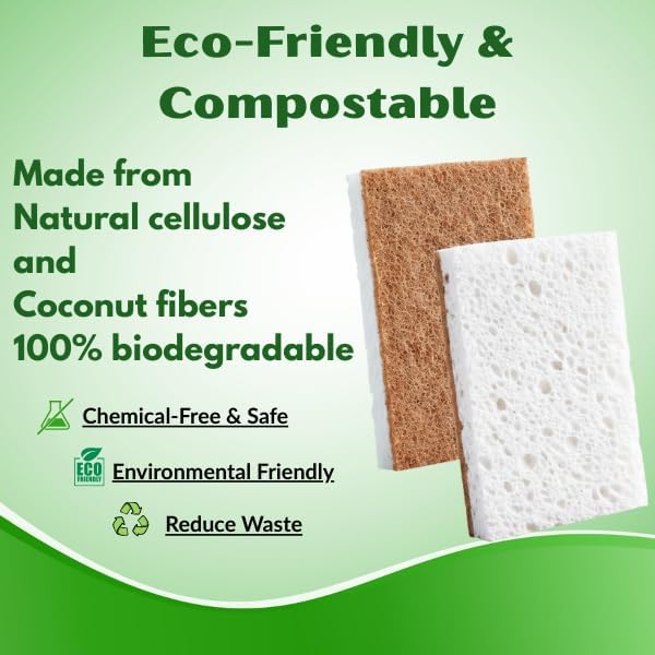 Natural Biodegradable Sponges for Kitchen 12 Pack – 100% Compostable Cellulose & Coconut Fiber Dish Sponges, Eco-Friendly, Non-Toxic, Sustainable Scrubbers for Washing Dishes & Cleaning