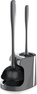 2 in 1 Toilet Brush and Plunger Set - Toilet Brush with Solid Handle, Stand and Holder for Deeply Cleaning in Bathrooms - Plastic Toilet Brush and Holder Set in Grey