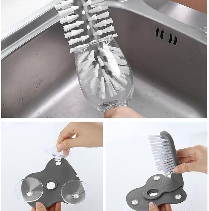Bar Glass Washer Glass Cleaning Brush with Suction Base 360-Degree Triple Head Design Bottle and Cup Scrubber for Kitchen Sink (Light Gray)