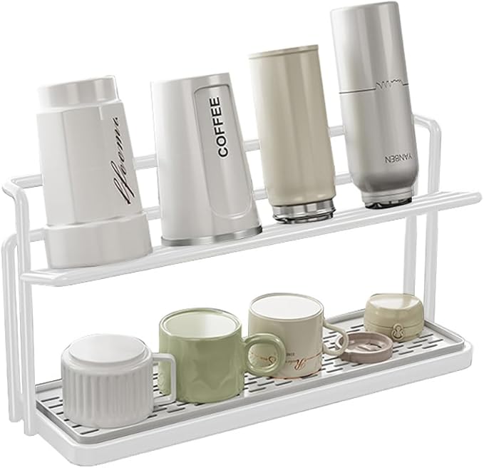 2-Tier Space-Saving Drain Rack with Removable Tray, Cup Storage Rack for Kitchen Sink, Dish Drying Organizer (White)
