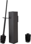 Toilet Brush and Holder Wall Mounted, Black Aluminum with 2 Replaceable Heads, Bathroom Toilet Brush, Drill or 3M Adhesive Mount, Removable Liner and Splash Guard, Modern Square Design