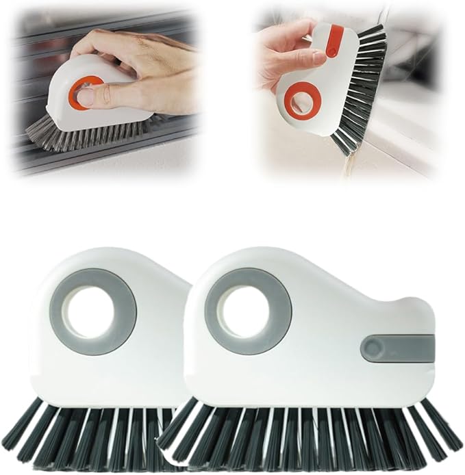 2 in 1 Groove Cleaning Brush, 2025 New Window Track Cleaning Tools, Multifunction Hard Bristle Cleaning Brush with Hidden Scraper for Sliding Door Track, Window Sill, Window Seal (Grey-2Pcs)