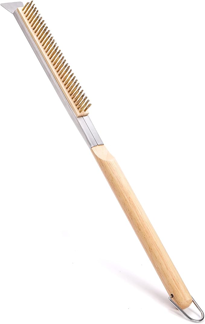 ZEAYEA 21 Inch Pizza Oven Brush with Scraper, Brass Bristles, Copper Wire Pizza Stone Cleaning Brush for BBQ Grill Cleaning, Outdoor Oven Accessories