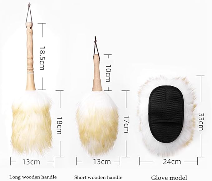 Wool Duster, Long Handle Duster, Wool Lambswool Cleaning Brush Duster, Wool Feather Duster with Solid Wooden Handle for Universal Instrument (Glove Type)