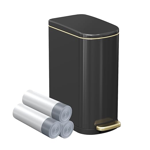 2.6 Gallon Slim Bathroom Trash Can with Soft-Close Foot Pedal, 10L Stainless Steel Garbage Can with Removable Liner Bucket, for Narrow Spaces,Bathroom, Bedroom (Titanium Black)