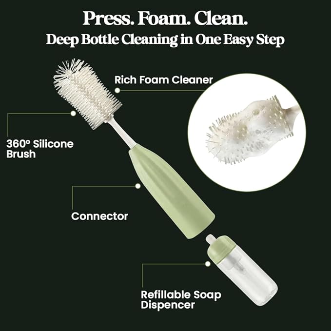 Bottle Brush Set Cleaner Silicone Brushes - Premium Food-Grade Silicone - Travel Friendly Portable Baby Bottle Cleaner Kit (Green, Press Bubble Style)