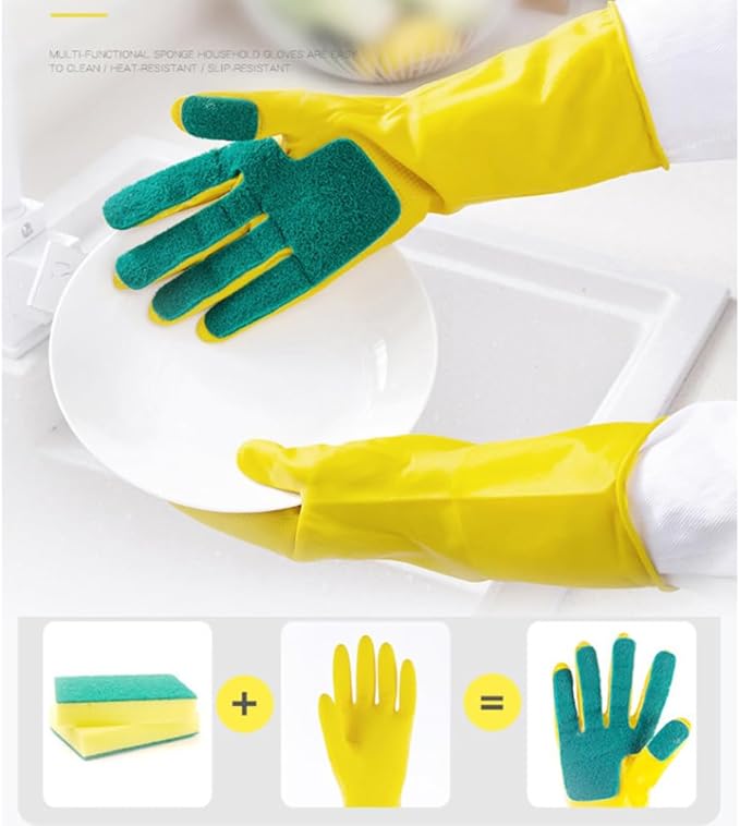 2 Pairs Latex Gloves Kitchen Dishwashing Gloves Kitchen Latex Gardening Scouring Pad