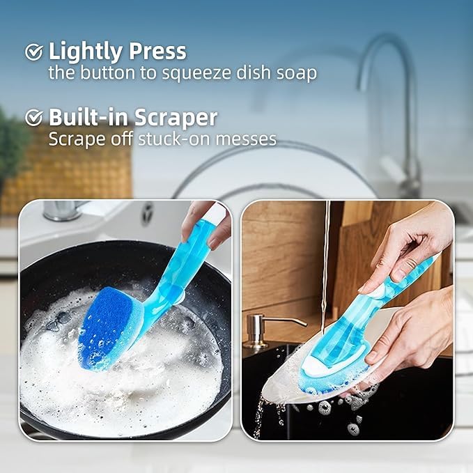 Dish Wand Sponge Refills, 6 Sponges Replacement Heads DishWand Non Scratch, Soap Control Handle Dispenser Scrubber Heavy Duty with Dishwashing Scrub Dispensing Brush Pads Cleaning Supplies （Blue）