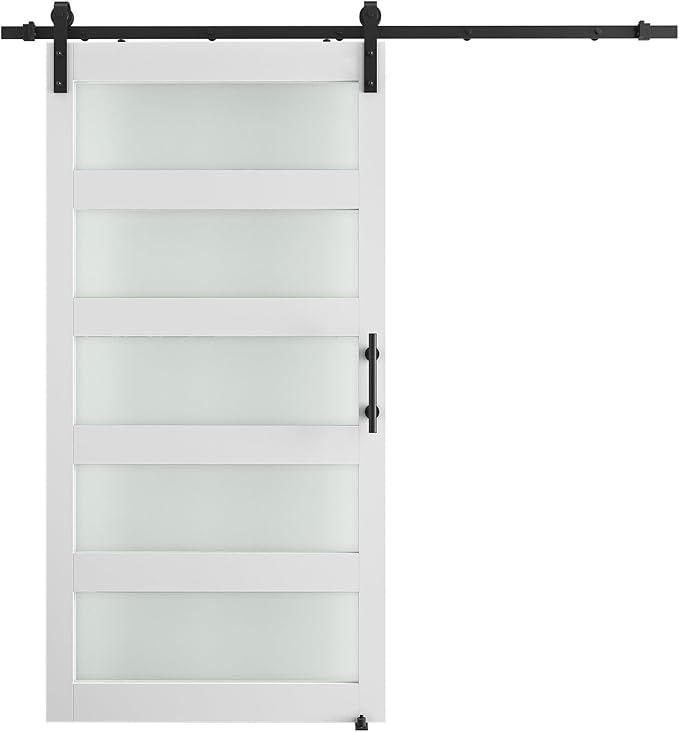 42'' x 84'' Glass Barn Door and 7 Ft Hardware Kit Included, MDF White Barn Door Slab with Frosted Glass, PVC Surface, Combined with Handle and Floor Guide-Assembly Required, White