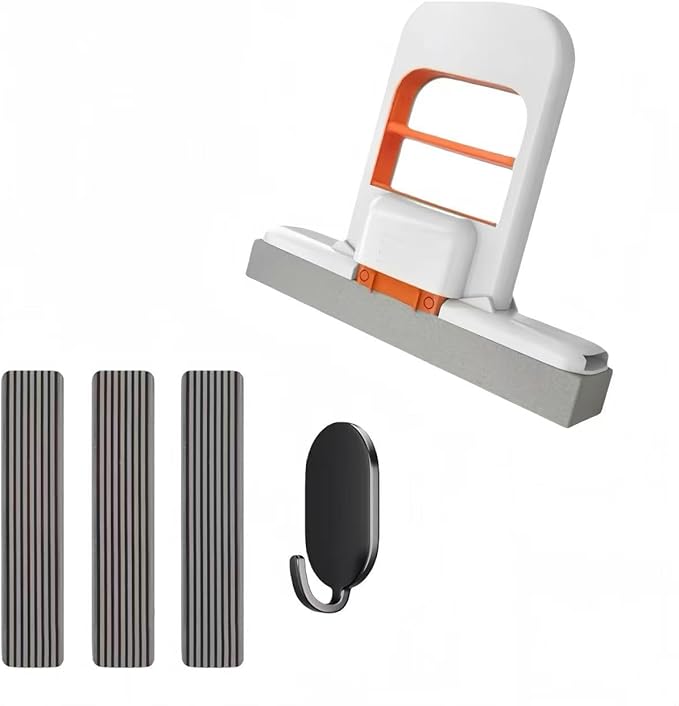 Mini Mop for Small Spaces, Foldable Self-Squeeze & Self-Wringing Wet Dry Sponge Mop, Portable Orange Cleaning Small Mop for Desktop, Kitchen Counter, Bathroom Tile, Glass – with 3 Pads & 1 Hook