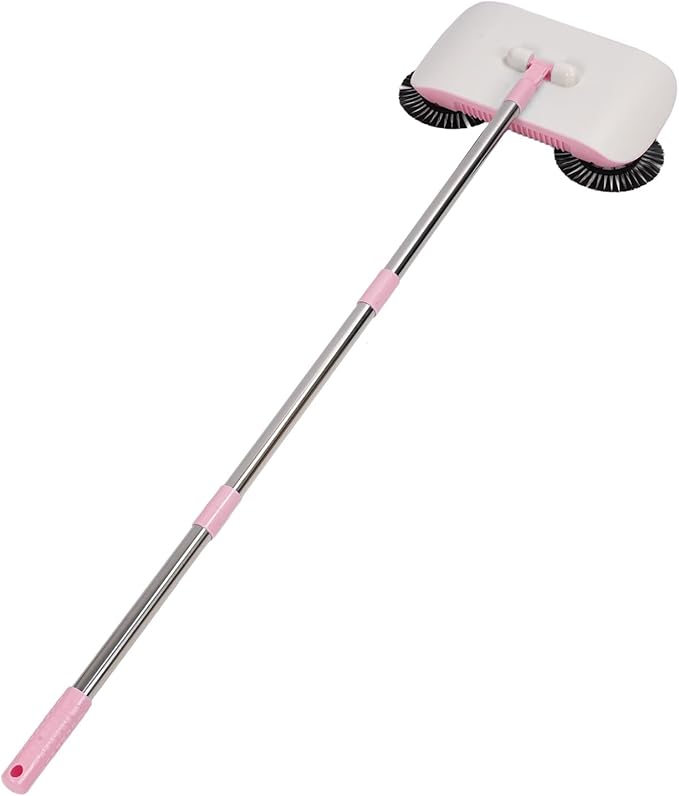 Carpet Sweeper Manual Push Handheld, Push Sweeper 2 in 1 Hand Floor Hand with 180 Degree Rotating Hard Floor Mopping Cleaner for Wooden Marble (Pink)