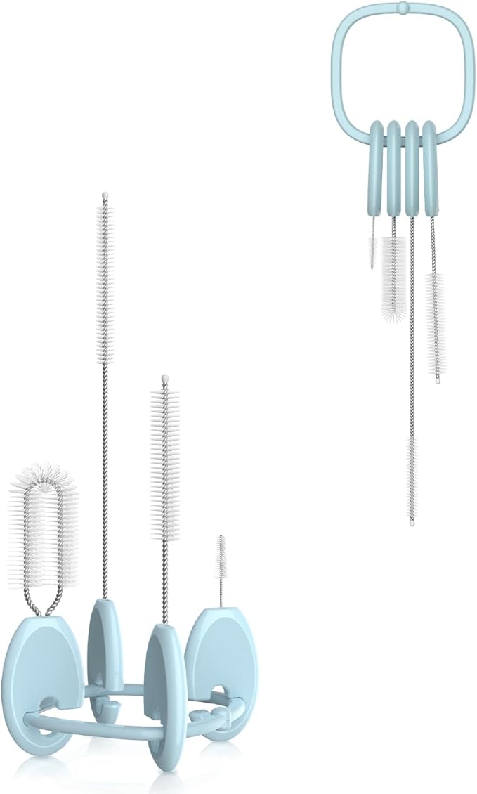 YOTIME Standing Straw Cleaner Brush Set, 4in1 Reusable Straw Brushes with Holder Ring, for Baby Bottles, Sippy Cups and Lids, Blue