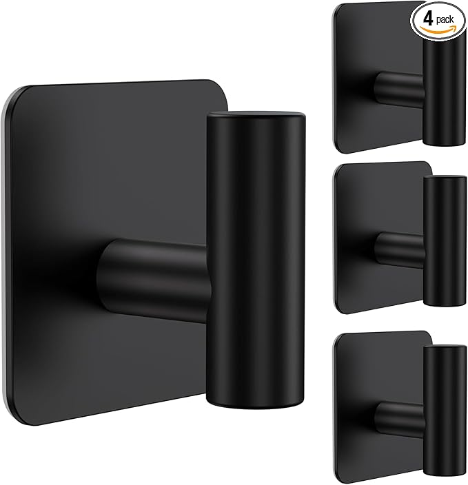 4 Pack Large Heavy Duty Wall Hooks - 26lb Max, Stainless Steel Adhesive Towel Hook, Shower Hooks for Hanging Towel, Coat, Robe, Wall Hook for Use in Bathroom, Kitchen and Door, Matte Black