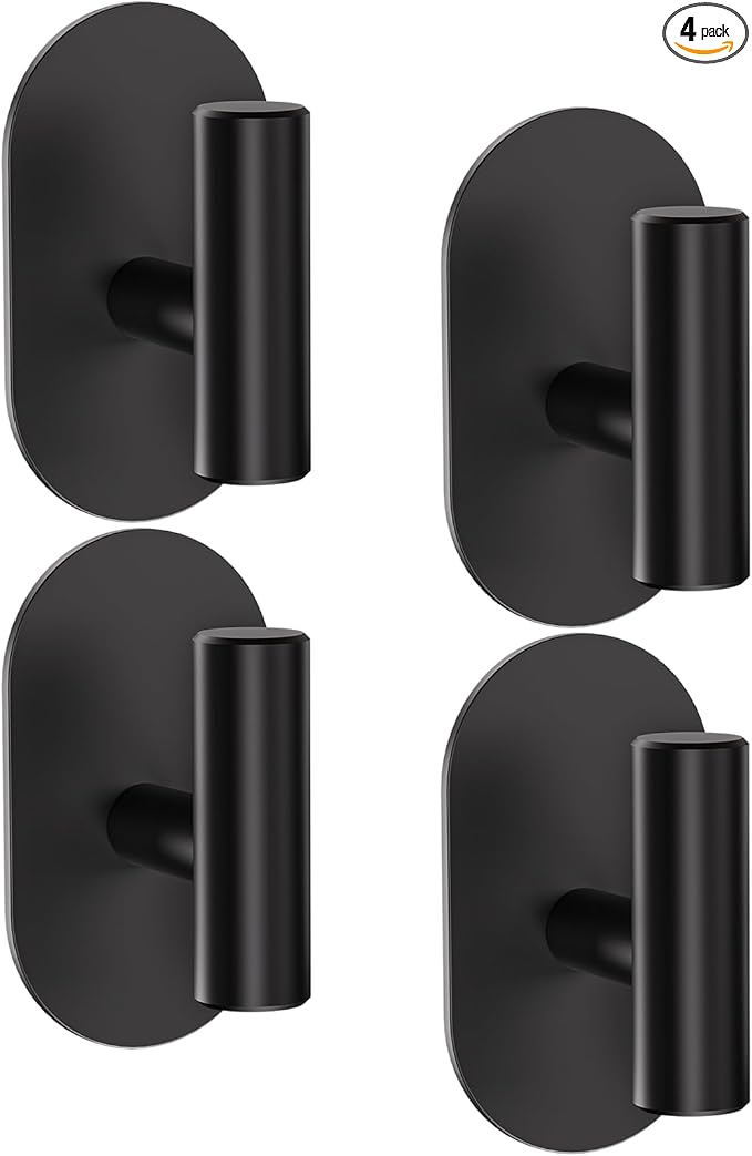 Black Adhesive Hooks Heavy Duty, Wall Hooks for Shower, Bathroom, Towel, Coat, Robe, Stainless Steel Hooks for Hanging, Waterproof & Rustproof Sticky Hooks for Walls No Damage- 4 Pack