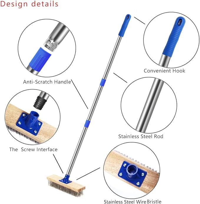 MEIBEI Deck Brush, Stainless Steel Wire with Long Handle 57", Perfect for Algae, Tough Stains on Concrete, Walkways, Patio and Swimming Pool