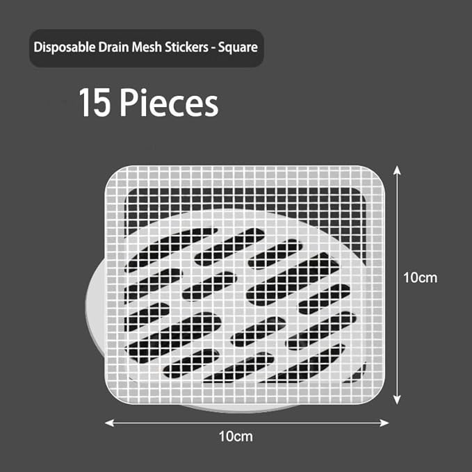 Shower Drain Cover Hair Catcher - 15 Pcs Disposable Hair Drain Stickers Shower Drain Mesh Stickers, Bathroom, Laundry, Bathtub, Kitchen, Sink, for Human and pet Hair (Square)