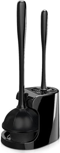 2 in 1 Toilet Brush and Plunger Set - Toilet Brush with Solid Handle, Stand and Holder for Deeply Cleaning in Bathrooms - Plastic Toilet Brush and Holder Set in Black