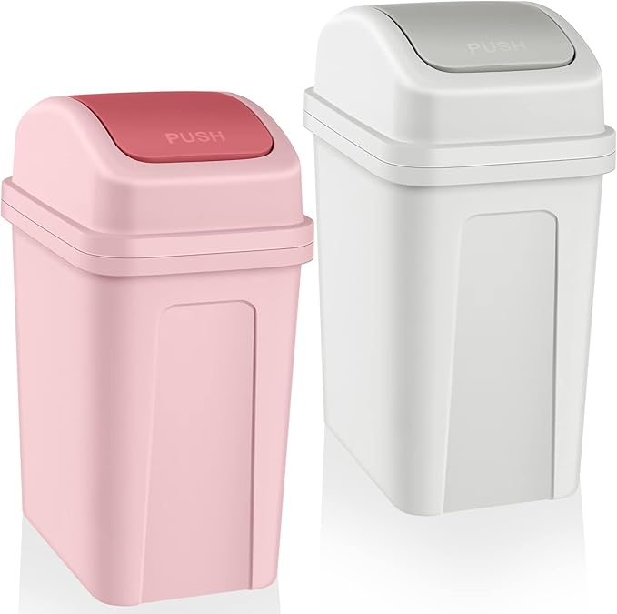 Sumind 2 Pcs 1.8 Gallon Bathroom Trash Can with Swing Lid Small Garbage Can Plastic Bathroom Trashcan Garbage Bin for Kitchen Waste Bedroom Room Outdoor (Pink and Beige)