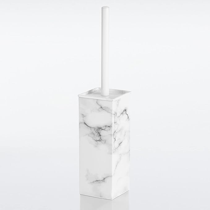 mDesign Steel Square Modern Toilet Bowl Brush and Holder for Bathroom Storage and Organization, Compact Free-Standing Design, Covered Brush - Sturdy, Deep Cleaning - Citi Collection - Marble
