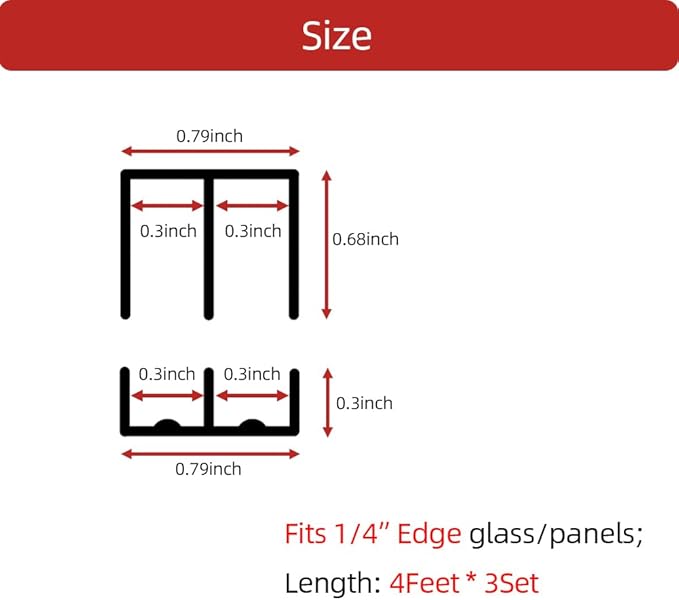 Sliding Door Track, Fit 1/4" Thick Panels, U Channel Rubber for Sliding Cabinet/Closet Door Track, Black, 4Feet*3Set