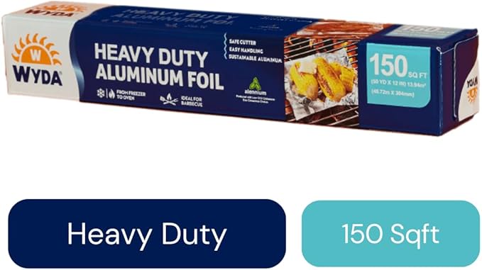Wyda Heavy Duty Aluminum Foil – 150 Sq Ft (50 Yd x 12 In) |Strong Food-Grade with Built-In Cutter for Baking, Grilling, Cooking & Food Storage | Oven & Freezer Safe, Recyclable