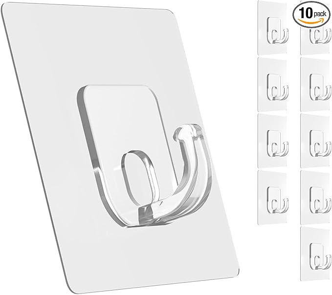 Large Adhesive Hooks, 10 Pack Heavy Duty Utility Hooks for Hanging 33lb, Damage Free Sticky Hanging, No Trace Self-Adhesive Wall for Kitchen Bathroom Office Multiple Uses