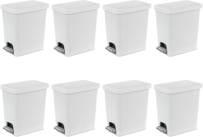 Sterilite 2.7 Gallon Rectangular Step On Kitchen Trash Bin Plastic Indoor Wastebasket with Removable Liner and Bag Holding Feature, White (8 Pack)