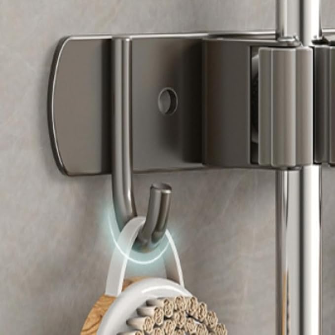 Wall Mount Mop and Broom Holder – Heavy Duty SUS304 Stainless Steel Organizer with 4 Hooks & 3 Clips – Space Saving Storage Rack for Kitchen, Bathroom, Garage, Laundry Room
