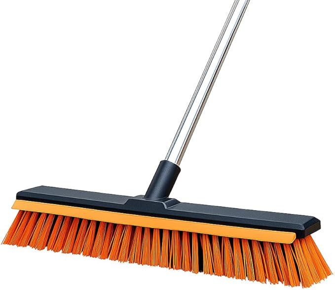 19" Outdoor Broom with 58" Long Handle & Rubber Squeegee,Push Broom for Cement Floors and Courtyards, Push Broom Outdoor Heavy Duty Stiff Bristles for Driveway, Patio, Garage Cleaning
