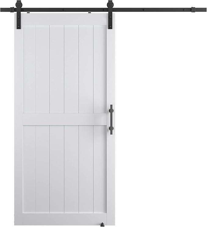 40''x84'' Sliding Barn Door with 7 Ft Barn Door Hardware Kit& Handle& Floor Guides,Pre-Drilled Holes Easy Assembly - Include Installation Manual, Water-Proof PVC Surface, H-Frame, White