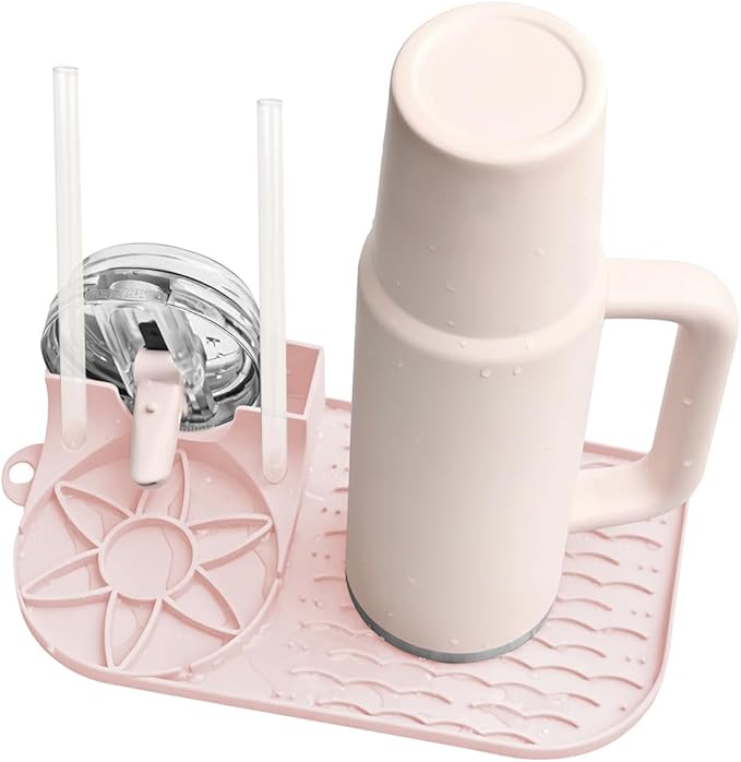 Bottle Drying Rack, Draining Mat for Stanley Tumblers20-40oz, Mugs, Wine Glasses, Compact Portable Cup Dryer Stand for Countertops, Office, RVs & Travel (Crystal Pink)