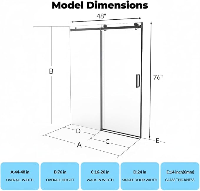 44-48" W x 76" H Sliding Shower Door, 1/4 Inch (6mm) Clear Tempered Glass, Matte Black Square Rail, Space-Saving Design for Modern Bathrooms