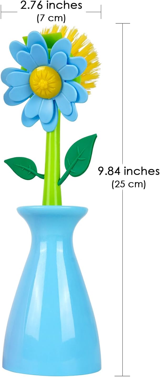 Long Handle Vegetable and Fruit Brush, Florganic Dish Brush with Vase, Long Handle Dish Brush Kitchen, for Cleaning Pot Pan Sink Kitchen Supplies Decorative Vase (2 Pcs) (Green/Blue)