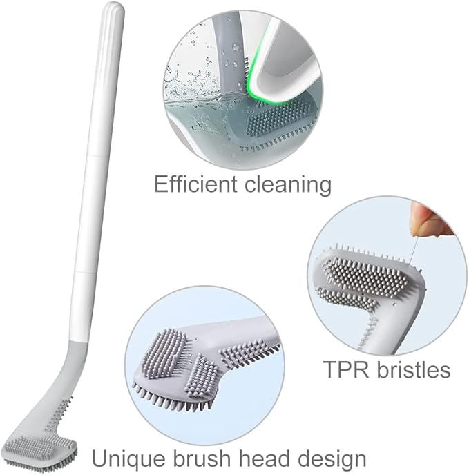 Toilet Brush, Long Handle Golf Toilet Brush with Holder 360° Deep Cleaning Flexible Silicone Toilet Cleaner Brush Wall Mounted for Bathroom (White)