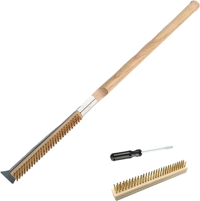3 Pack 26 Inch Pizza Oven Brush with Scraper and Brass Bristles, Outdoor BBQ Grill Cleaning Brush Copper Wire Pizza Stone with 1 Brush Heads and 1 Screwdriver for Picnic Camping