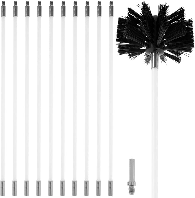 15FT Chimney Sweep Cleaning Kit, 11pcs Duct Vent Cleaning Brush Kit, 3.9" Nylon Brush Heads and 11 Rods Detachable Chimney Sweep Set for Fireplace Dryer Vent Sewage Pipe Fume Hood
