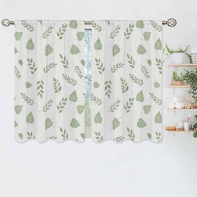 Green Botanical Kitchen Curtains Watercolor Green Leaves and Branches Nature Short Tier Curtains for Bathroom Cafe Small Window Drapes Treatment 2 Panels (27.5x39 Inch)