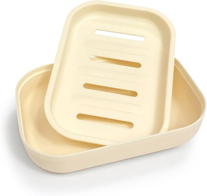 Double Layer Draining Soap Dish, Plastic Dishwashing Sponge Soap Holder for Kitchen, Bathroom, and Washstand (Khaki)