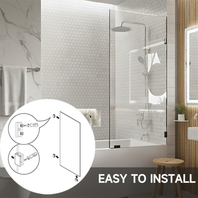 Frameless Shower Door ，1/4" (6mm) Clear Tempered Glass Shower Screen with Explosion-Proof Film, 26" W x52 H Single Shower Doors for Small Bathroom, Matte Black