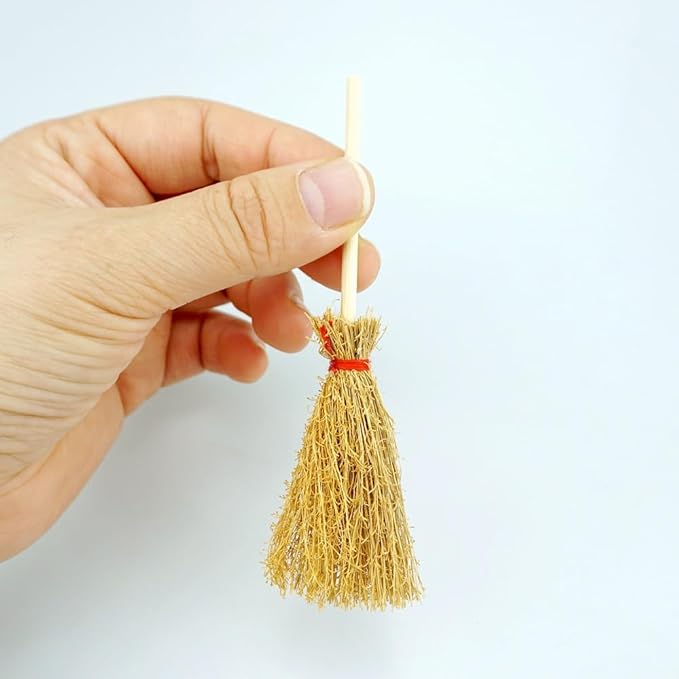 15 PCS Mini Straw Brooms Artificial Miniature Craft Witch Broom with Red Ropes for Hanging Halloween Party Decorative Accessory
