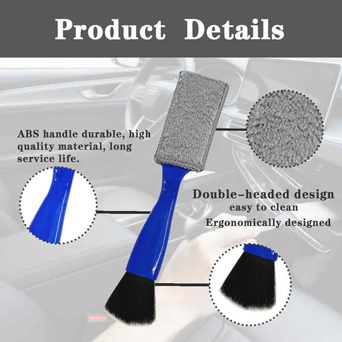 Double-Headed Car Cleaning Brush, Car Detailing Brush, Durable, Easy to Store Without damaging Interior Surfaces; Suitable for Cleaning dashboards (2PCSBlue)