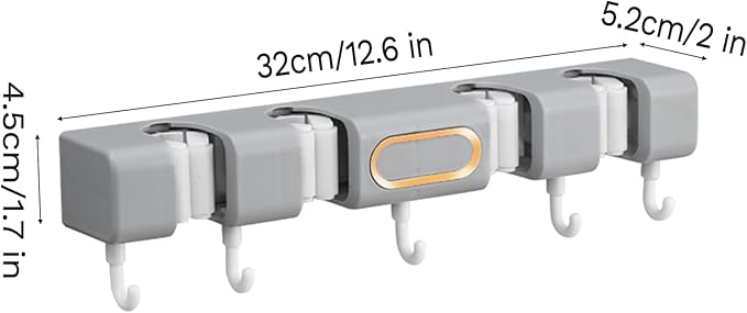 Broom Holder Wall Mount Hanger Mop,Broom and Mop Organizer Wall Hanging with 4 Slots 5 Hooks,Grey