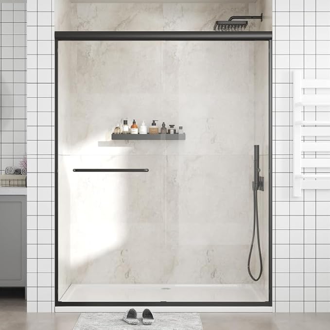 Glass Sliding Shower Door 56-60" W x 72" H, Semi Frameless Double Sliding Bathroom Shower Door, 1/4"(6mm) Clear Tempered Glass, Nano Easy Cleaning Coated, ANSI Cerified, Matte Black