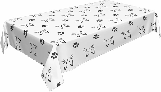 Cat Faces and Paws Rectangular Tablecloth Cartoon Cute Footprint 52x70 Table Cloth for Wedding Party Banquet,Dining Kitchen Table Cover