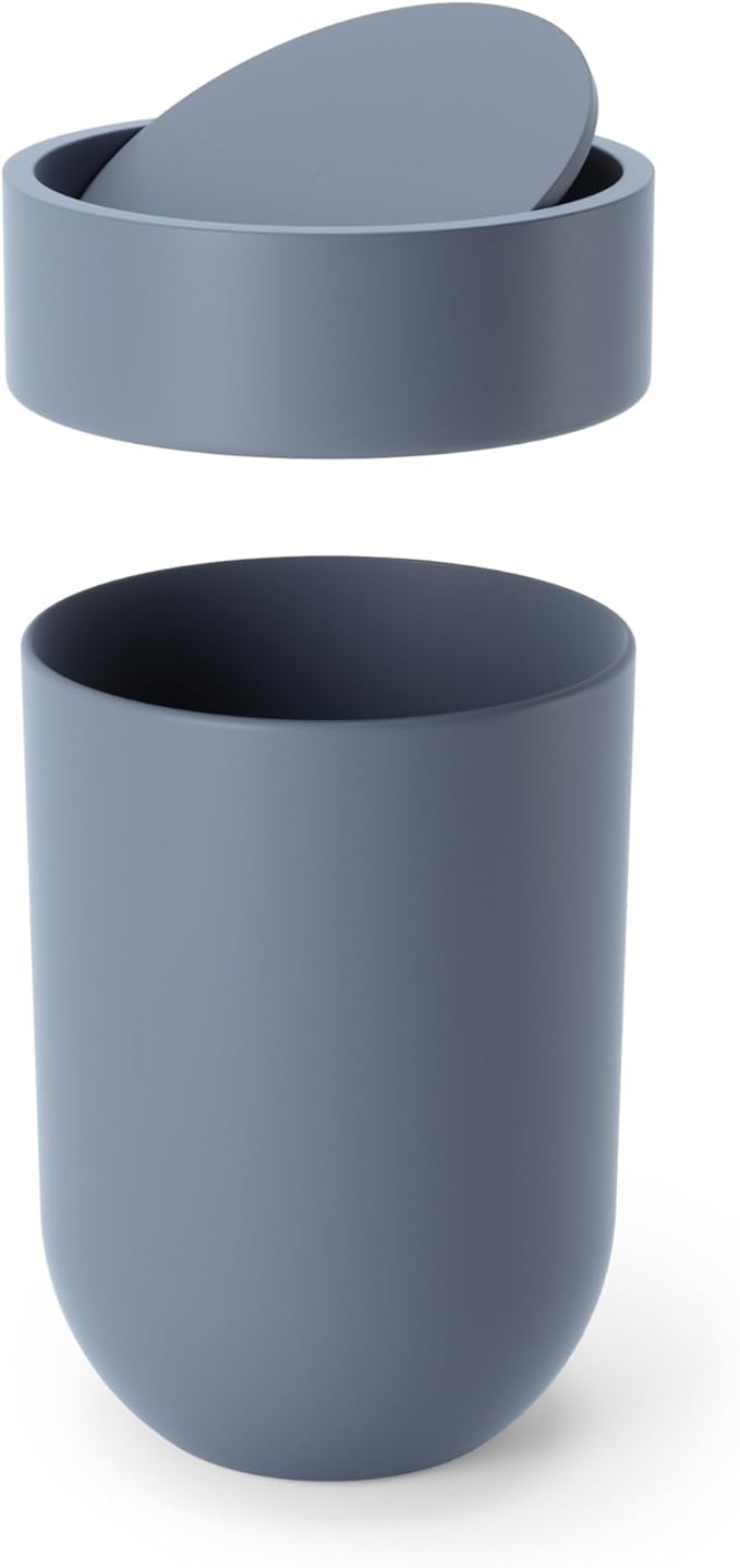 Umbra Touch Trash Can, Small Garbage Bin Waste Basket with Lid for Bathroom, Slate Blue